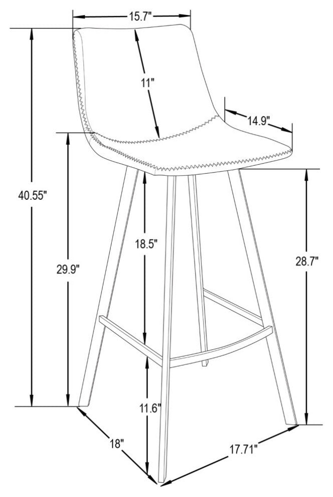 LeisureMod Elland Modern Leather Bar Stool Iron Legs Set of 2, Charcoal Black