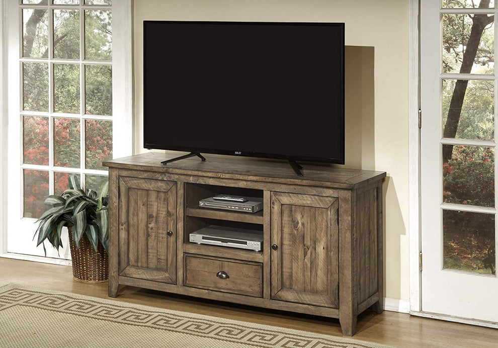 Farmhouse TV Console, Pine Wood Frame With Drawer and Cabinets, Reclaimed Natura