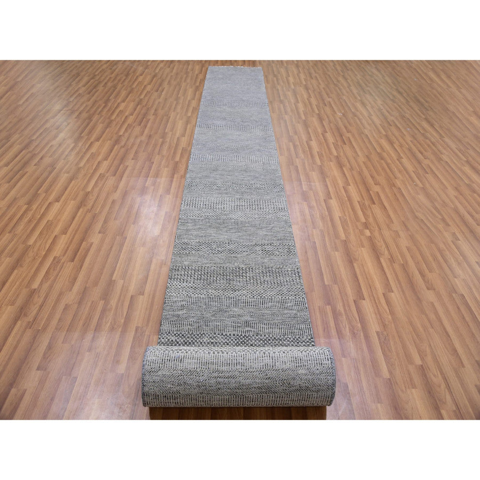 Light Gray Undyed 100% Wool Grass Design Hand Knotted XL Runner Rug 2'5"x24'3"