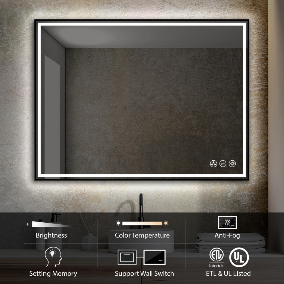 Fogless, Dimmable, Color Temperature Adjustable LED Mirror, Matte Black, 48x36