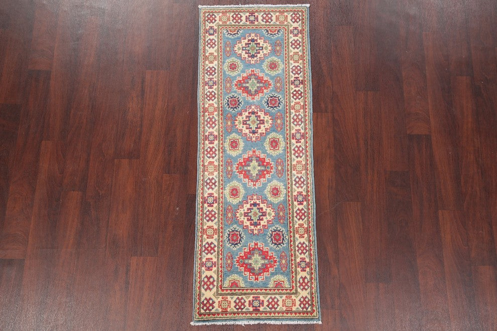 Traditional Kazak Hand-Knotted Pakistani Oriental Runner Rug, Blue, 5'7"X1'11"