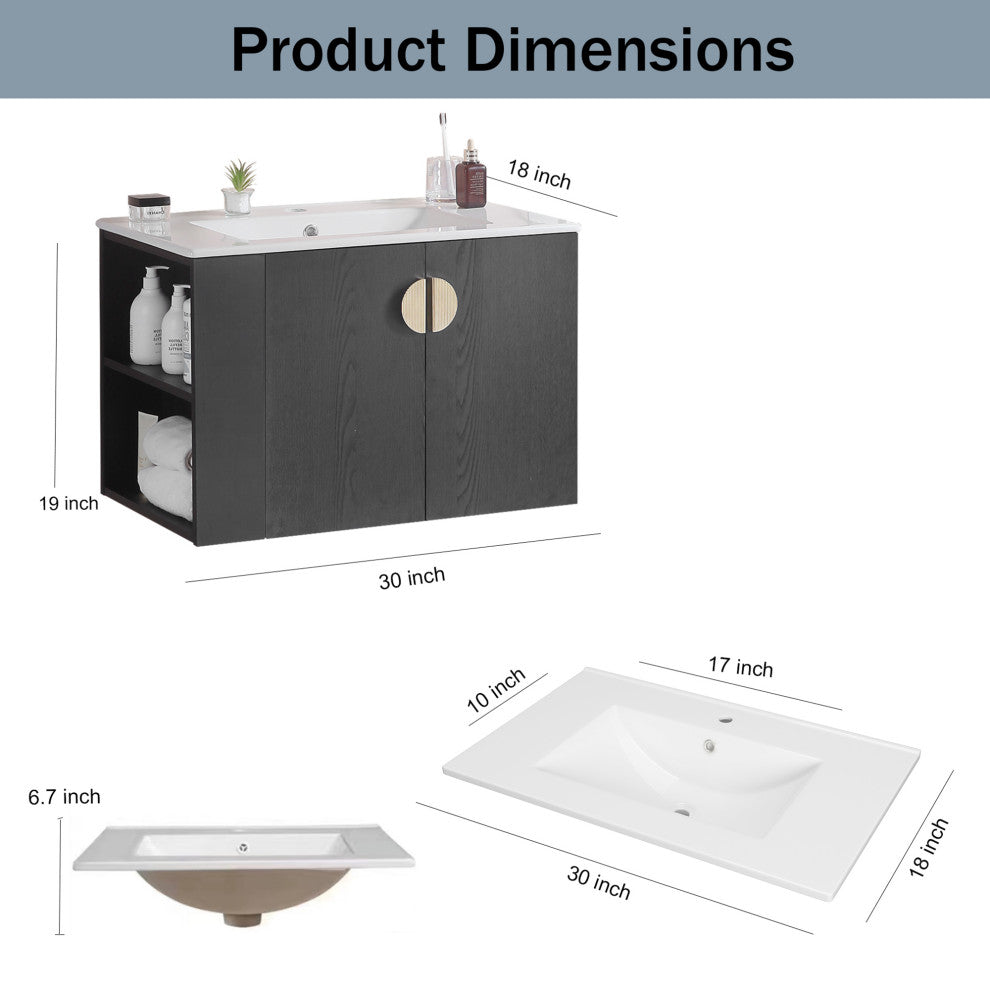 30 Inches Plywood Wall-Mounted Bath Vanity Set, Integrated Ceramic Sink, Black