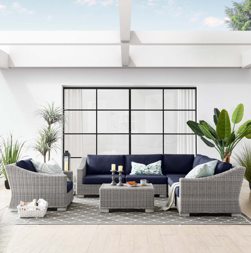 Outdoor Patio Wicker Rattan 7-Piece Sectional Sofa Furniture Set Gray Navy