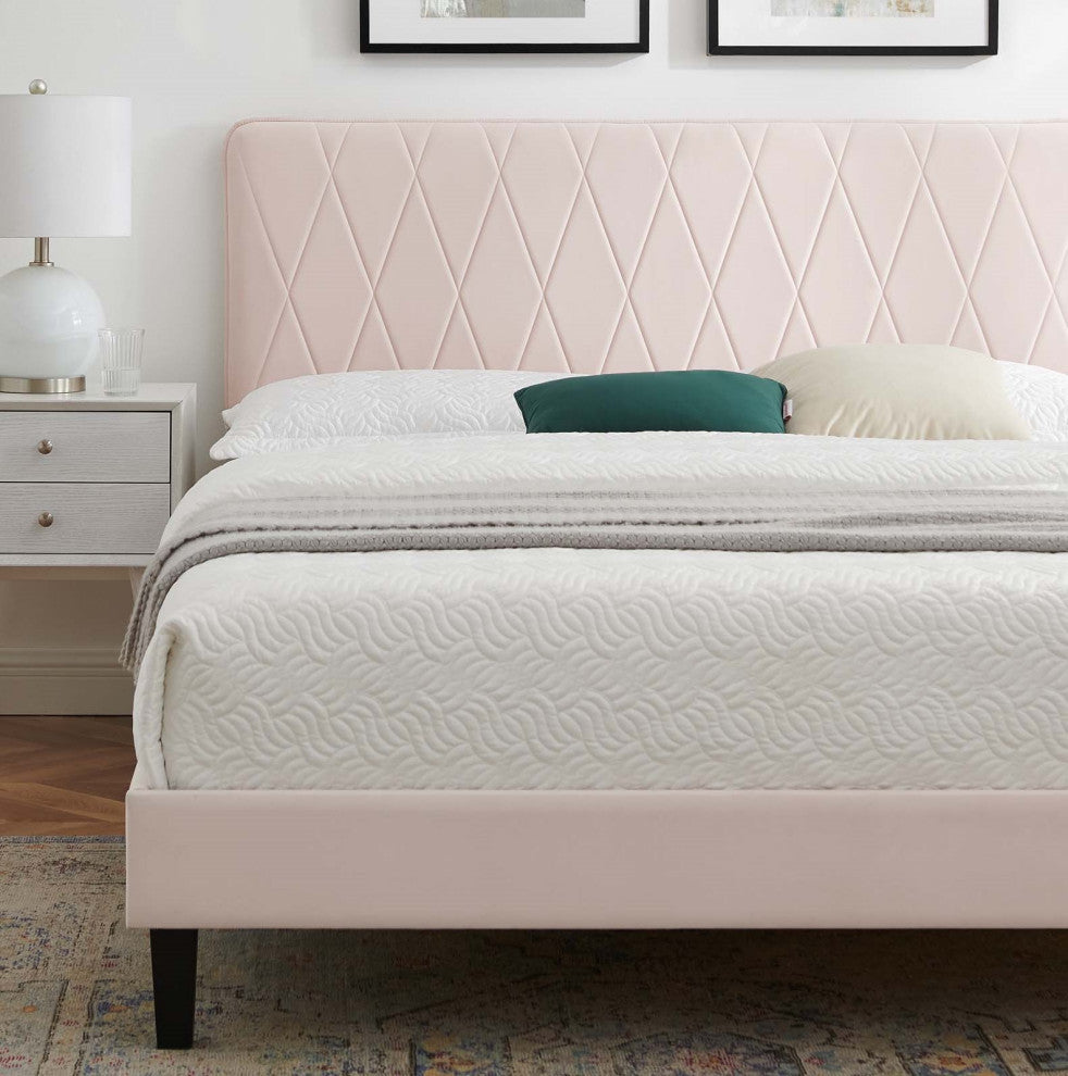 Platform Bed Frame, King Size, Velvet, Pink, Modern Contemporary, Bedroom Master