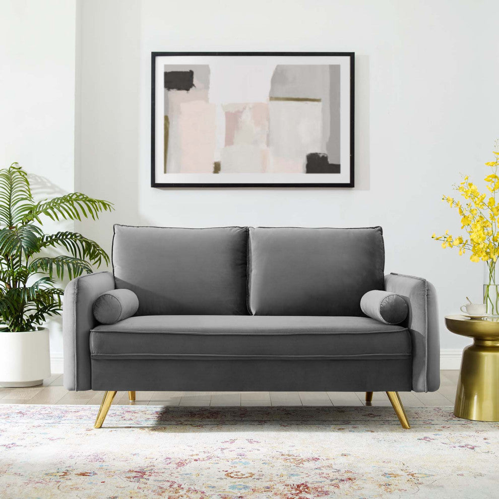 Loveseat Sofa, Velvet, Gray, Modern, Living Lounge Hotel Lobby Hospitality