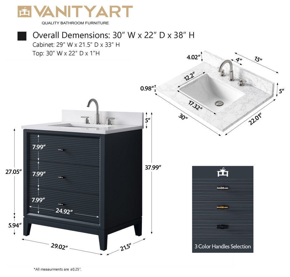 Vanity Art Bathroom Vanity with Engineered Marble Top and Sink, Vintage Spruce Blue, 30", Golden Brushed