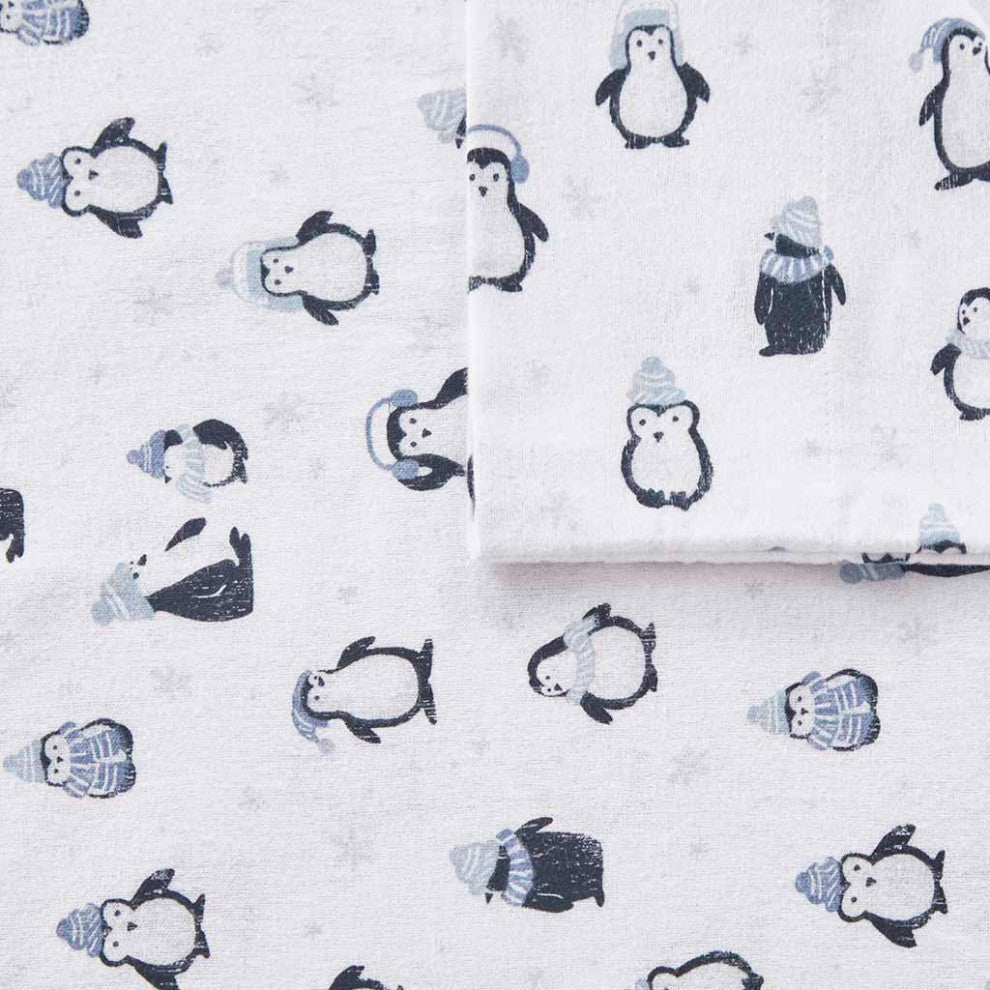Intelligent Design Cozy Soft Cotton Flannel Printed Sheet Set, Blue Penguins