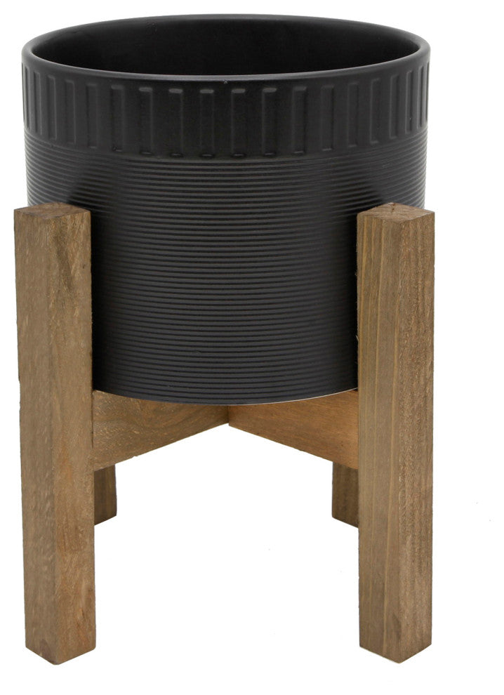 8" Ceramic Dumpling Pot On Wood Stand, Matte Black