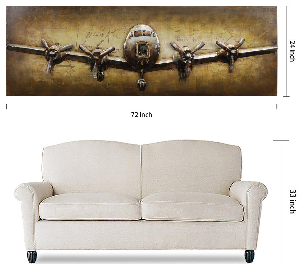 "Airplane" Mixed Media Iron Hand Painted Dimensional Wall Art, 24"x72"