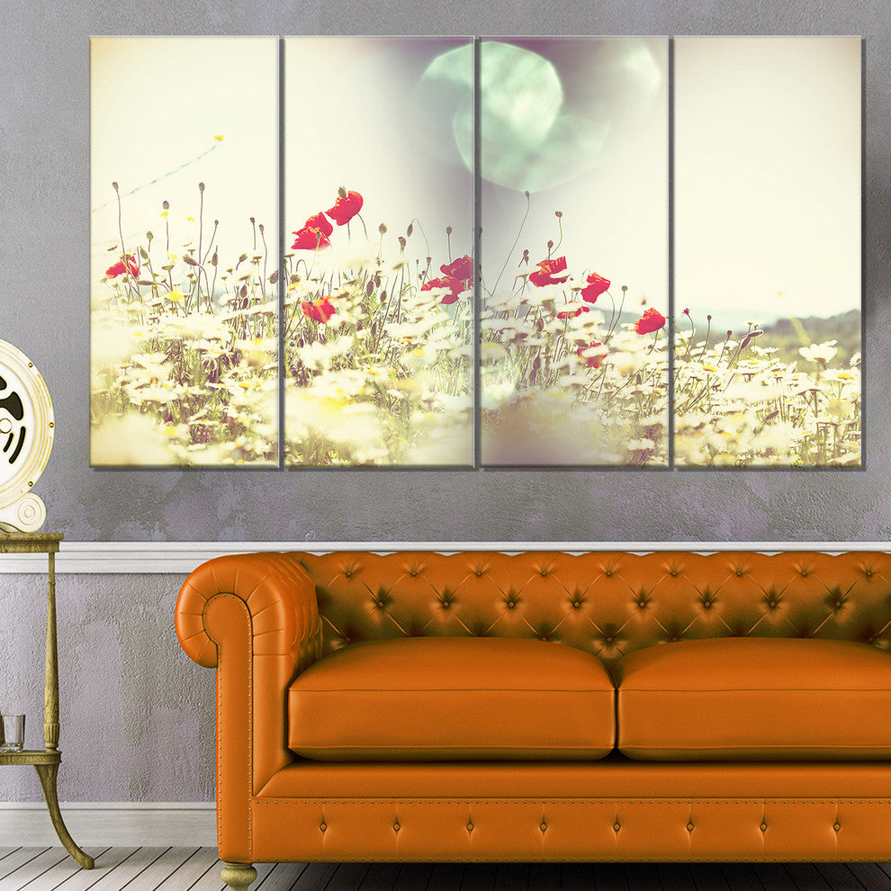 Red and White Poppy Flowers Field, Large Flower Canvas Print, 48"x28", 4 Panels