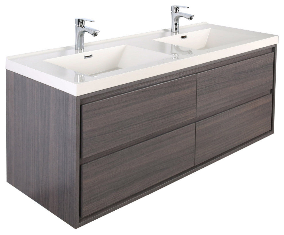 MOM 48" Wall Mounted Vanity With 4 Drawers and Acrylic Double Sink, Gray Oak