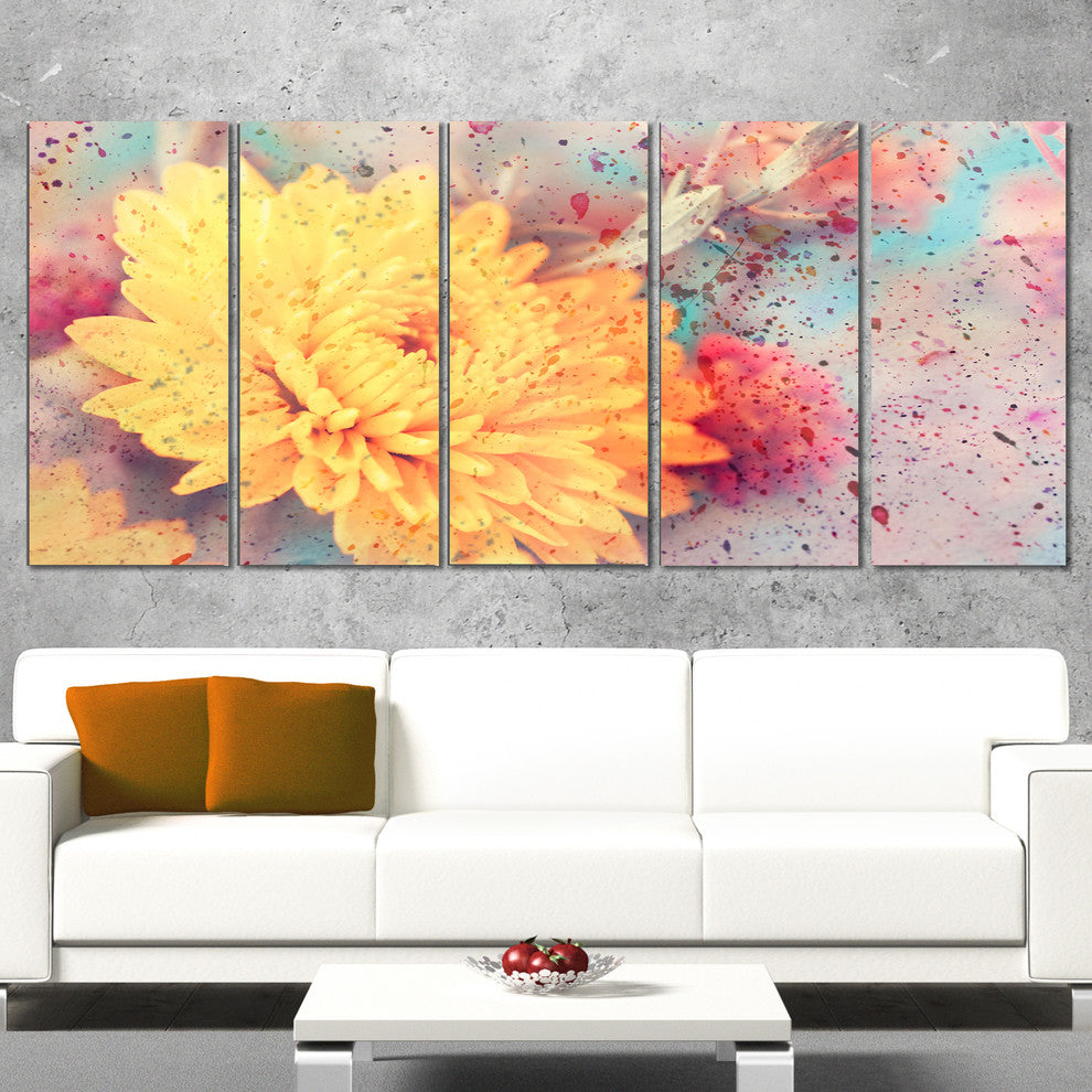 Aster Flower with Watercolor Splashes, Flower Art on Canvas, 60"x28", 5 Panels