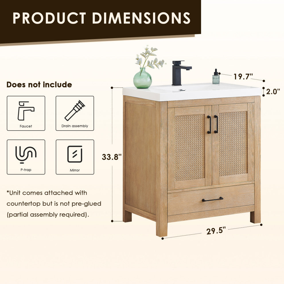 Bondi Single Bath Vanity, Light Brown, 30inch, No Mirror