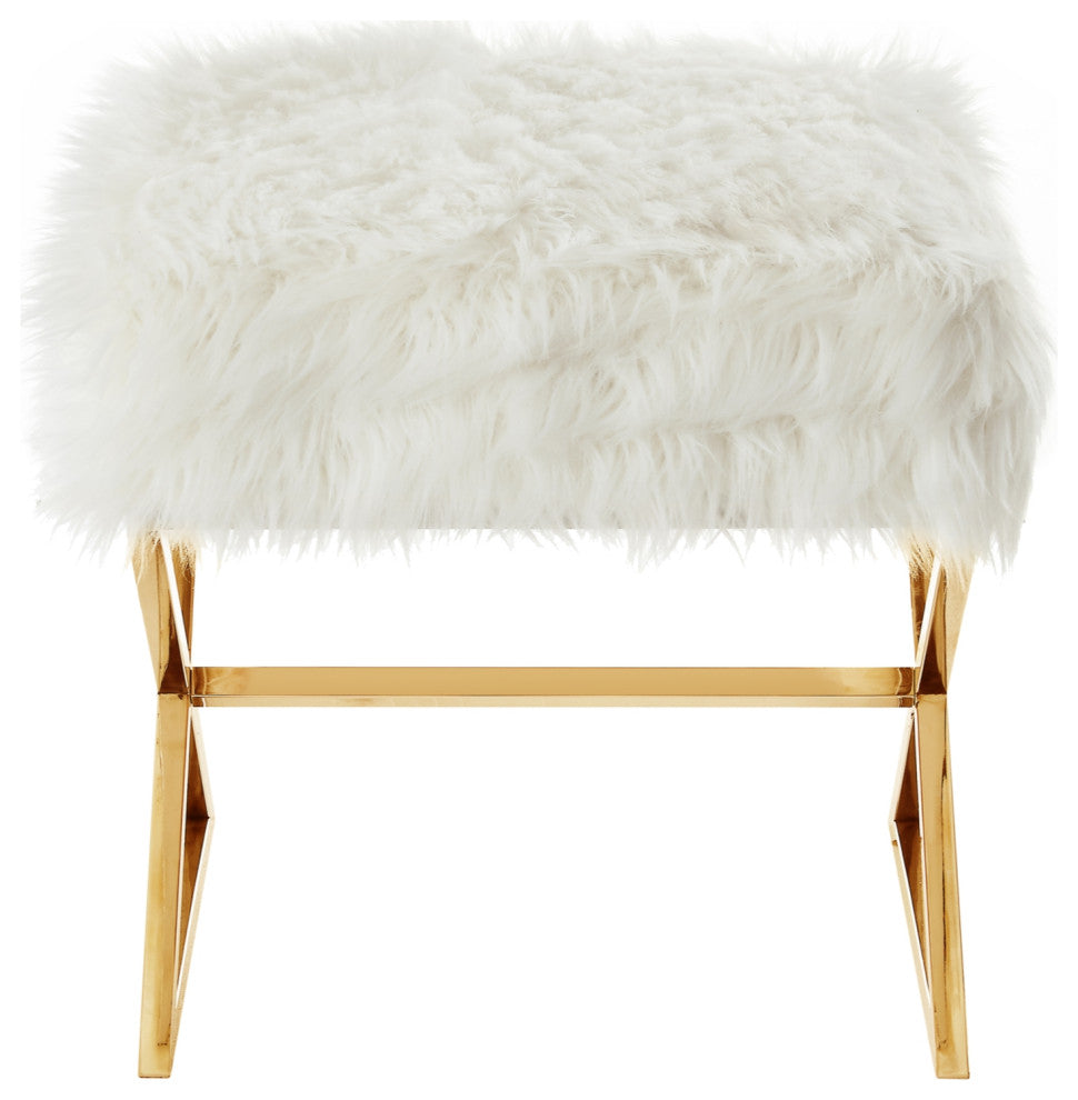 Oria Faux Fur X-Leg Gold Base Ottoman, White/Gold