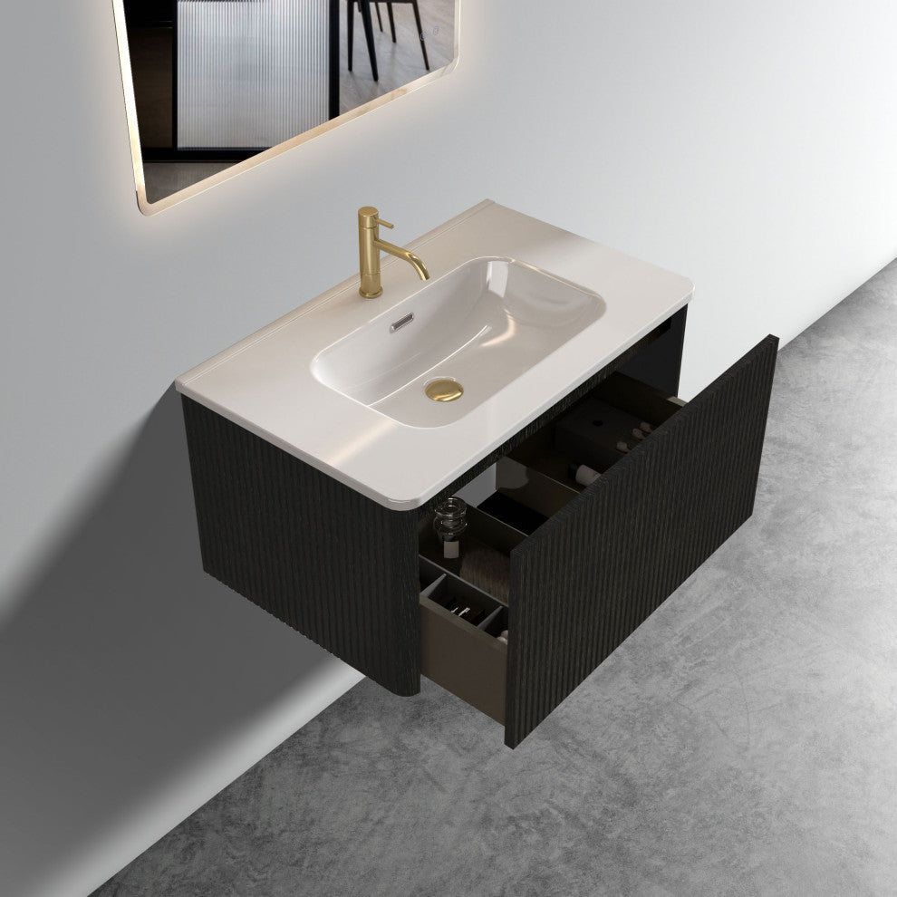 Wall-Mounted Bathroom Vanity Set with White Ceramic Sink, 30"