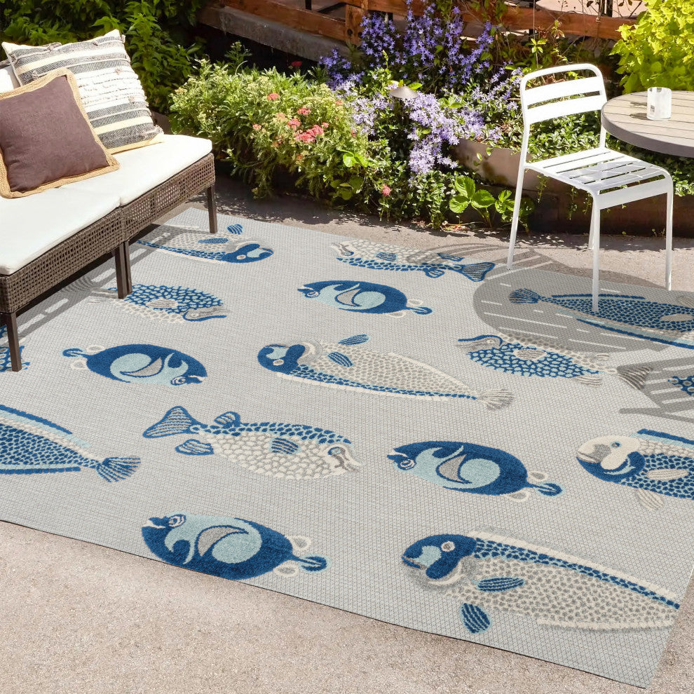 Algarve Modern Fish High-Low Indoor/Outdoor Area Rug, Gray/Navy, 5 X 8