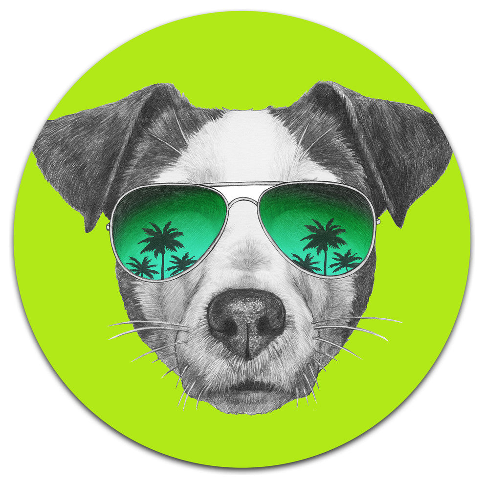 Jack Russell In Green Glasses, Animal Art Round Wall Art, 23"
