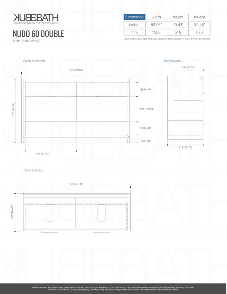 KubeBath Nudo 60'' Double Sink Floor Mount Modern Bathroom Vanity, Gloss White