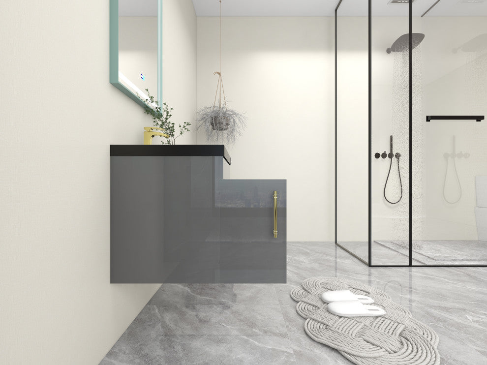 Rosa 24" WALL MOUNTED Modern Vanity, High Gloss Gray, Matt Black Top