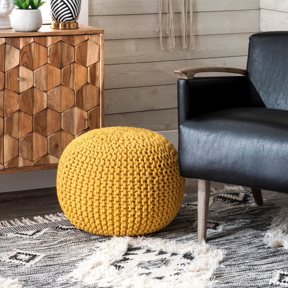 Nuloom Knitted Cotton Ling Contemporary Pouf, Ming Yellow 20"x14"