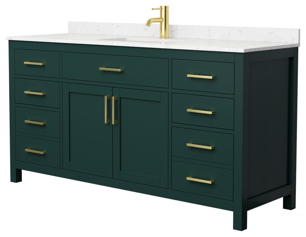 66"SGL Bathroom Vanity Green, Carrara Cult. Marble Countertop, Sink, Gold Trim