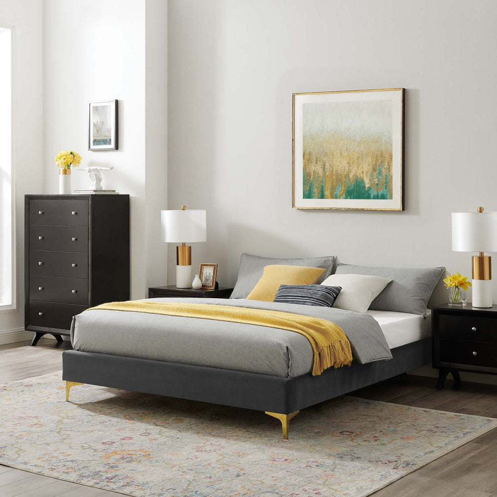 Platform Bed Frame, Twin Size, Velvet, Dark Grey Gray, Modern Contemporary