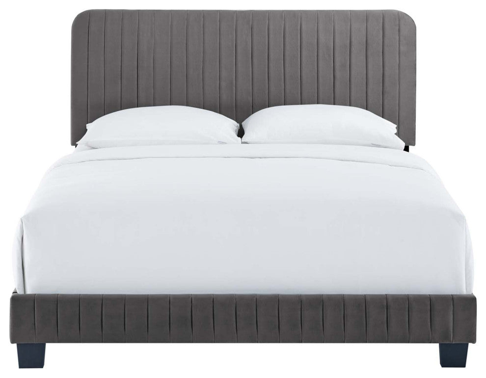 Tufted Platform Bed Frame, Twin Size, Velvet, Grey Gray, Modern Contemporary