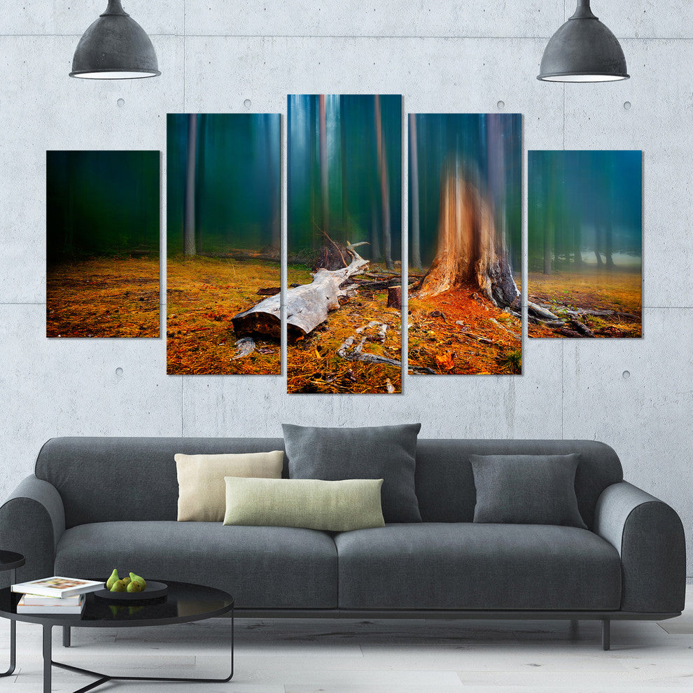 Blue Forest on Foggy Morning, Landscape Canvas Art Print, 60"x32", 5 Panels