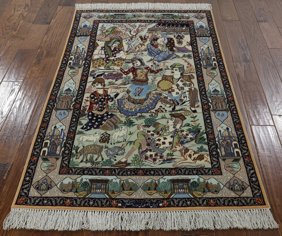 Pictorial Scene Signed Persian Isfahan Hand Knotted Wool and Silk Rug, 4x6