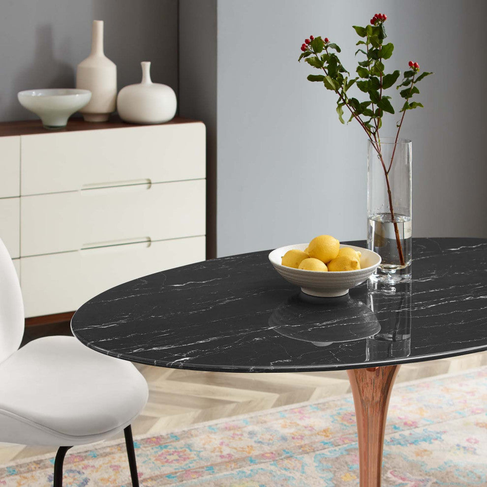 Dining Table, Oval, Artificial Marble, Metal, Rose Gold Black, Modern, Bistro