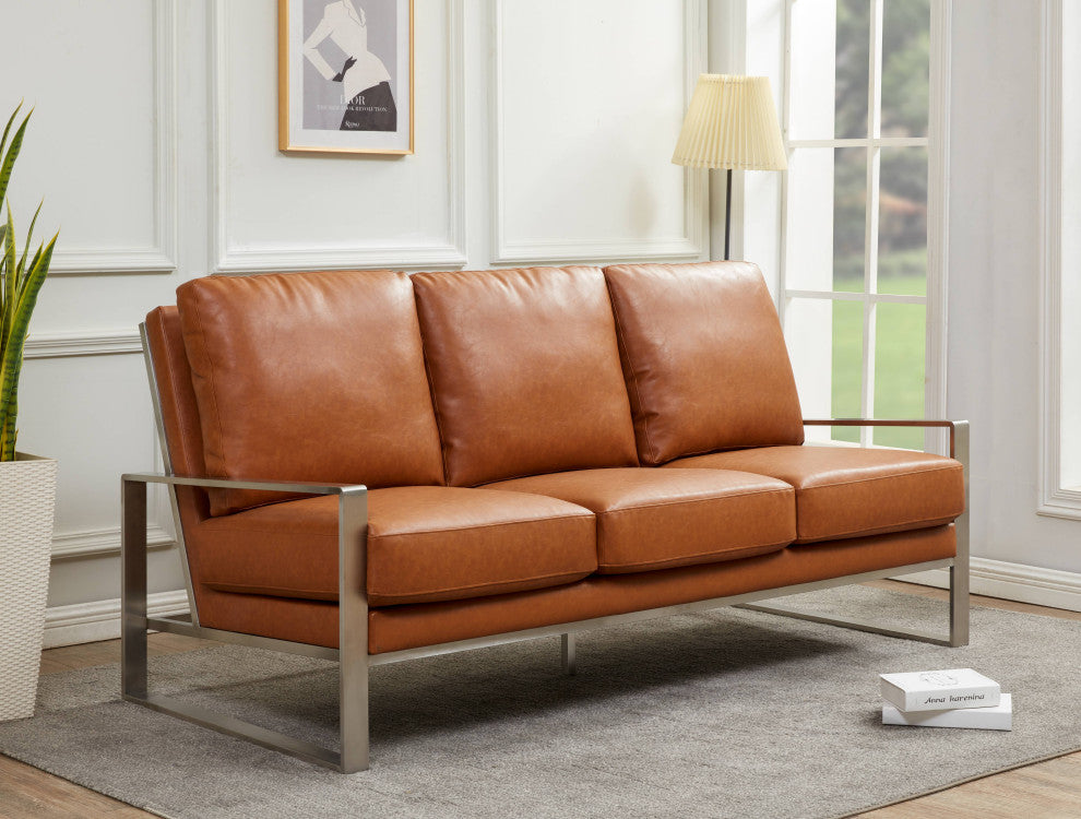 LeisureMod Jefferson Modern Faux Leather Sofa With Silver Frame, Cognac Tan