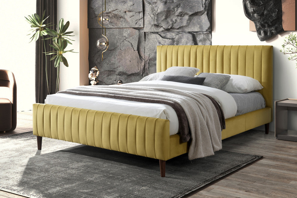 Omax Decor Spencer Upholstered Platform Bed, Gold Velvet, Queen