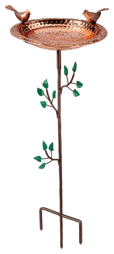 Pure Copper Bird Bath With 2 Copper Birds and Tree Theme Multiprong Garden Pole