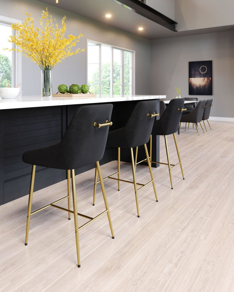 Counter Stool Chair, Steel Metal, Fabric, Black, Gold, Bar Kitchen Cafe Bistro