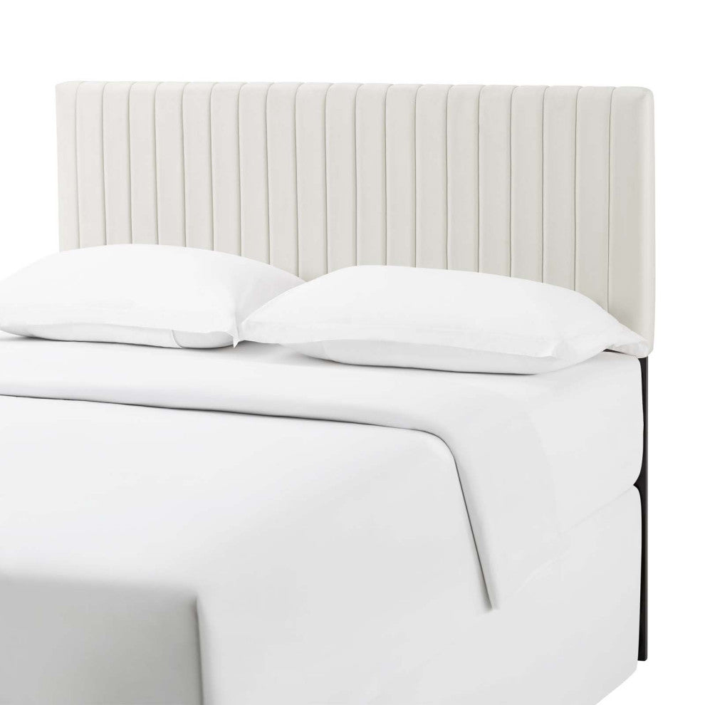 Contemporary Modern Full and Queen Size Headbaord, Velvet Fabric, Ivory White