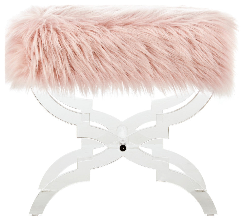 Enzo Faux Fur Acrylic X-Leg Ottoman, Rose