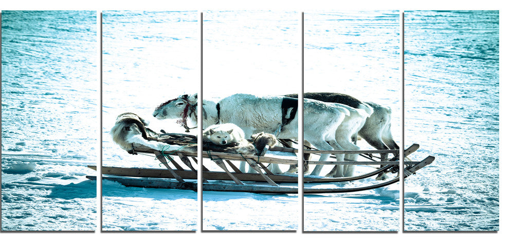 Dogs on Reindeer Sleigh, Oversized Animal Wall Art, 60"x28", 5 Panels
