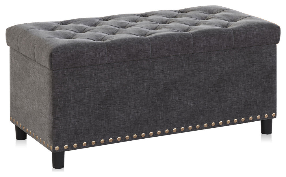 35" Storage Ottoman, Button-Tufted Linen Storage Bench - Dark Grey
