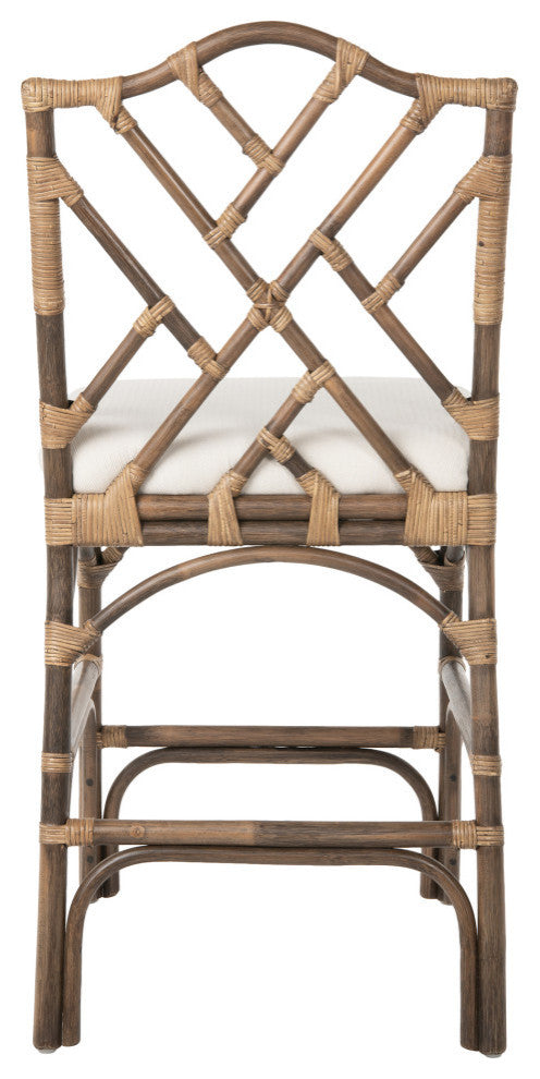 Chippendale Rattan Counter Stool, Antique Brown and Off-White Upholstery