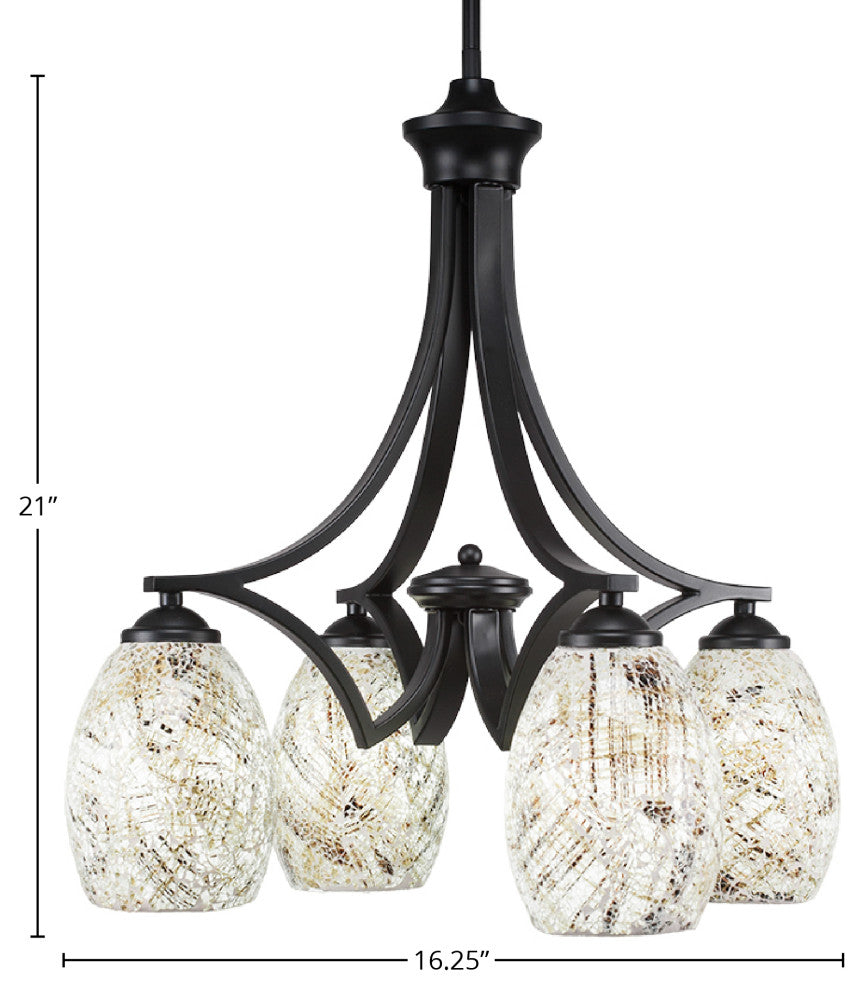 Zilo 4 Light Chandelier, Matte Black Finish With 5" Natural Fusion Glass
