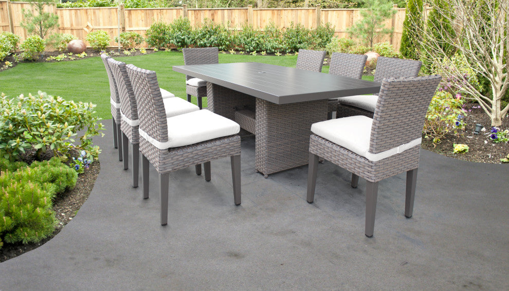Monterey Rectangular Patio Dining Table, 8 Armless Chairs Sail White
