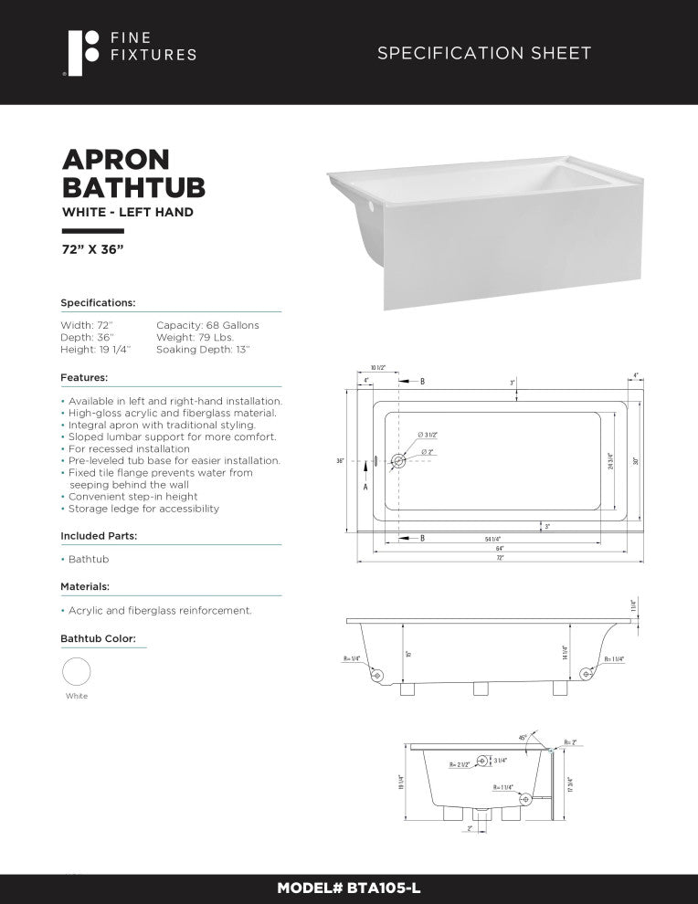 Acrylic Apron Soaking Bathtub, White, 72"x36", Left, Without Drain