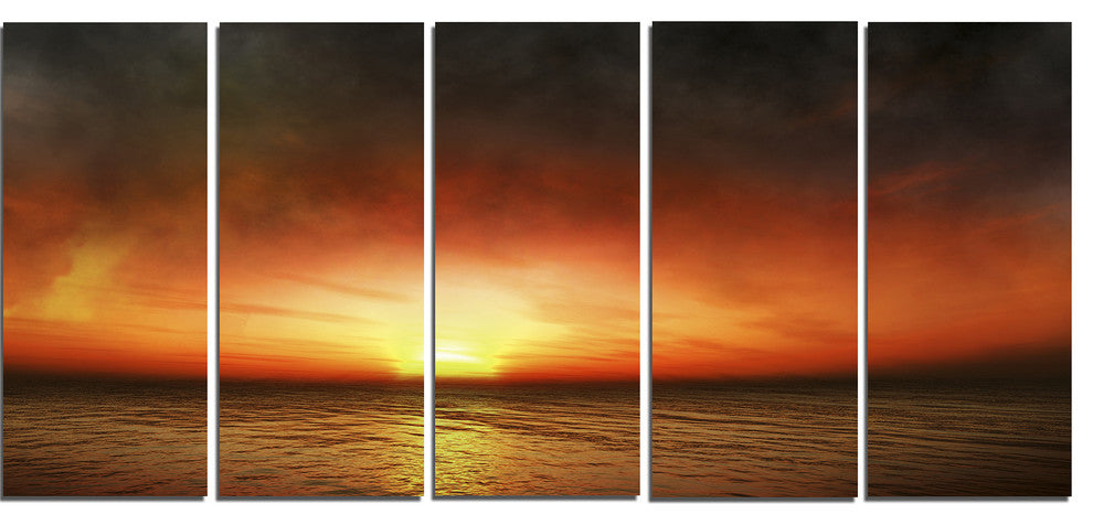 Fiery Sunset Beach under Cloudy Sky, Seashore Canvas Art, 60"x28", 5 Panels