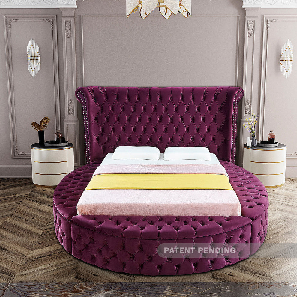 Luxus Button Tufted Velvet Round Bed, Purple, King