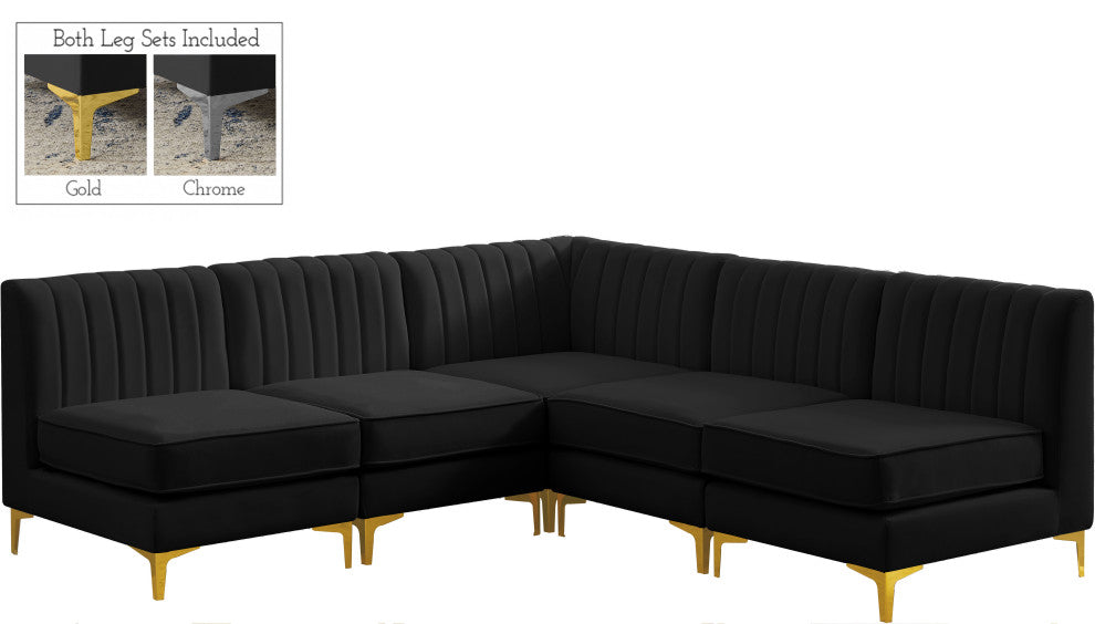 Alina Velvet Modular L-Shaped Modular Sectional, Black, 5-Piece: 4 Armless Chair, 1 Corner Chair
