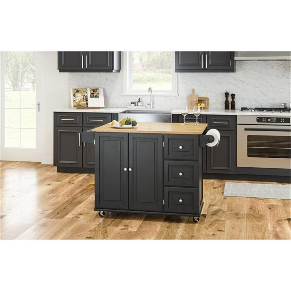 Homestyles Mobile Kitchen Island Cart with Wood Drop Leaf Breakfast Bar in Black