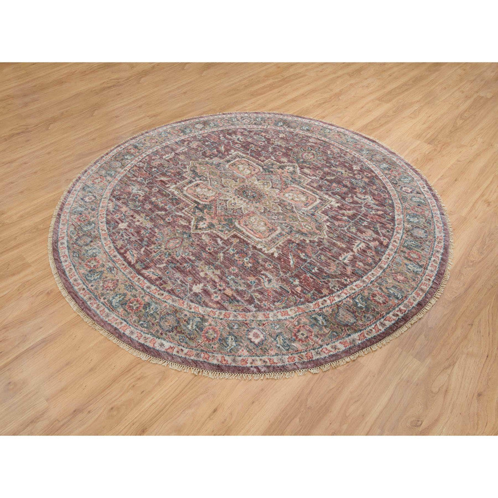 Light Burgundy Soft Wool Heriz Revival Hand Knotted Oriental Rug, 8'x8'