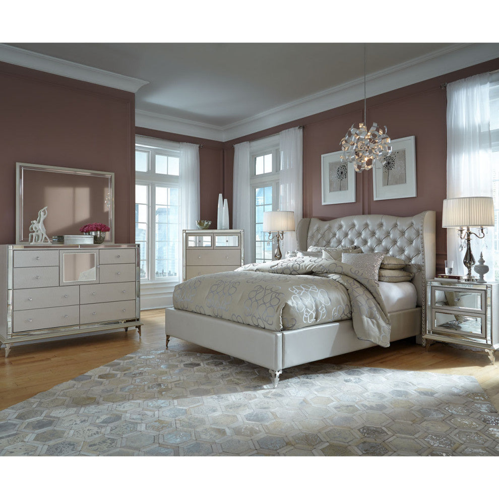 AICO Michael Amini Hollywood Loft Queen Upholstered Platform Bed Frost