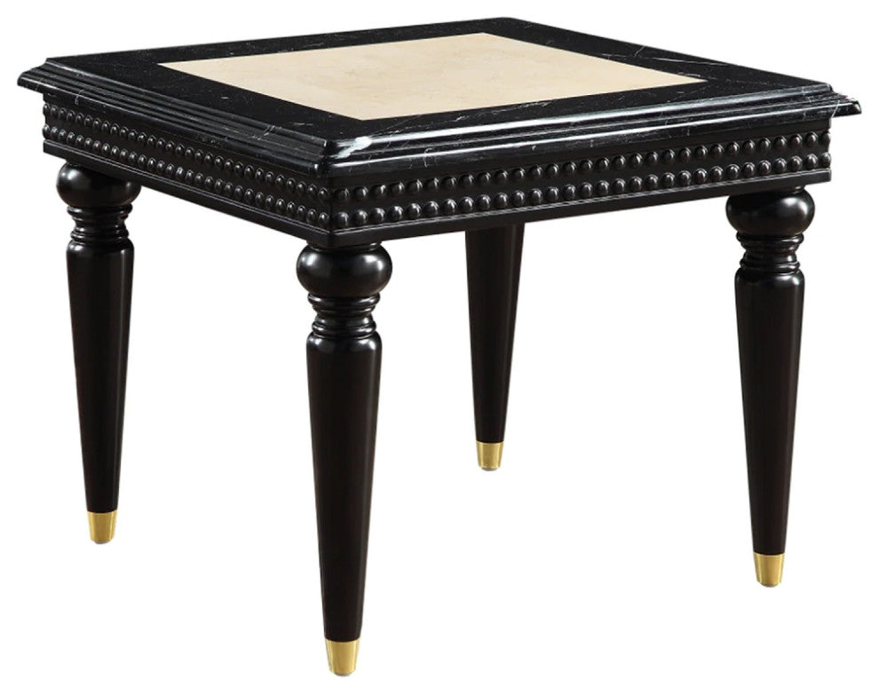 Benzara BM275499 28" Square End Table, Marble Top, Beaded Apron, Black
