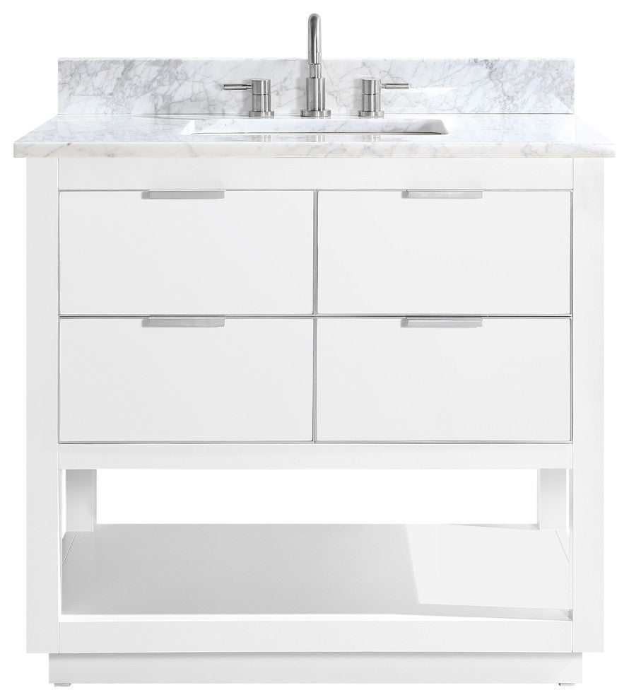 Allie 37" Vanity Combo, White, Brushed Silver / Natural 1" Carrara White Marble Countertop and Backsplash